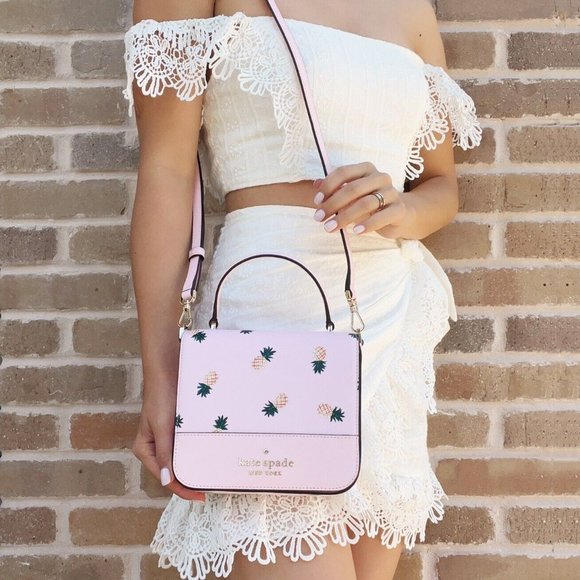 Kate Spade Colada Staci Pineapple Square Flap Crossbody Top Handle Pink Multi - Picture 1 of 8